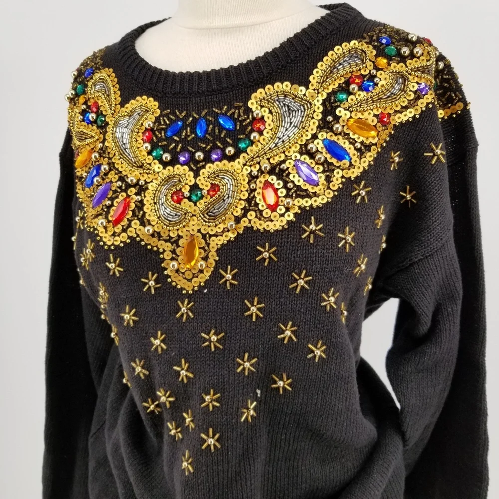 Vintage womens sweater gold sequins black Small - Picture 7 of 7